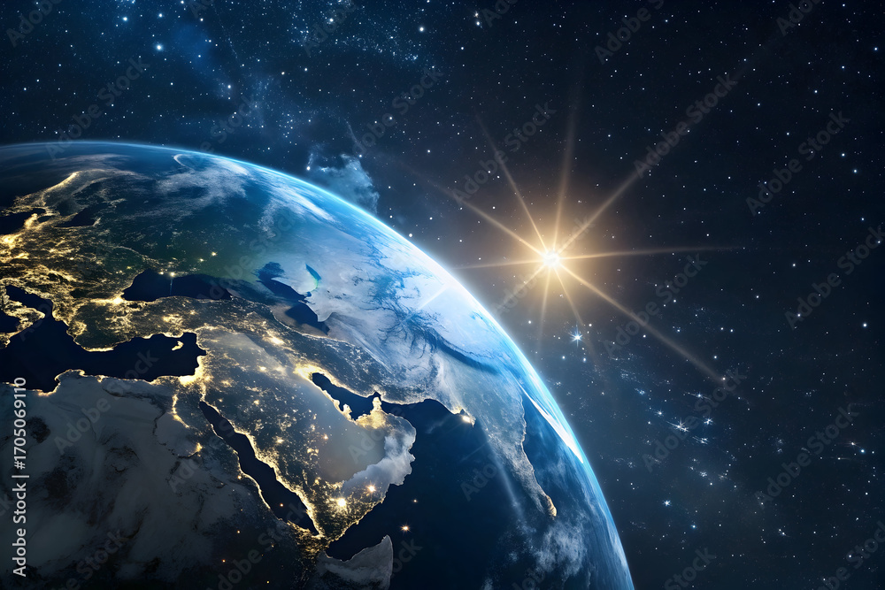 Naklejka premium Sunrise over planet earth in the vastness of space with stars