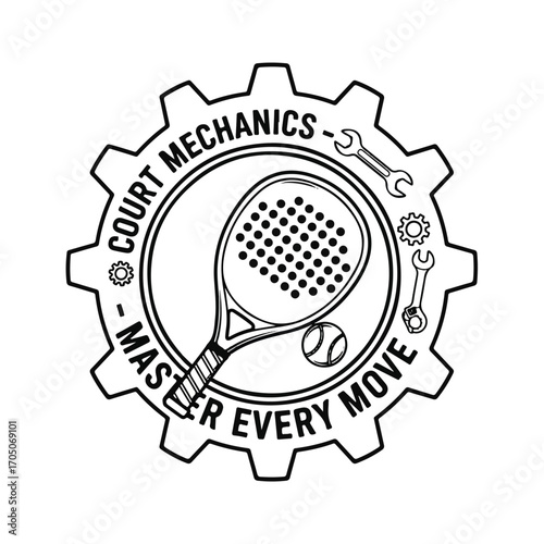 Monochrome logo design with a gear border, featuring a padel racket, ball, and wrenches, with the text 'Court Mechanics - Master Every Move'.