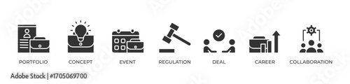Career Advancement Icons set vector illustration glyph with Portfolio, Concept, Event, Regulation, Deal, Career, Collaboration