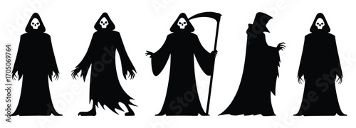 Shadows of the Reaper: A striking monochrome portrayal of the Grim Reaper, evoking a sense of mystery and foreboding, this image captures the iconic figure's essence.