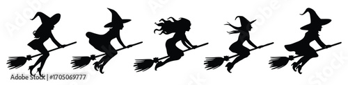 Silhouettes of Witches in Flight: A captivating ensemble of silhouetted witches, each astride a broomstick, gracefully soaring across the sky. The image evokes a sense of magic, mystery.