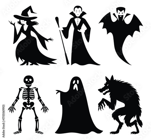 Halloween Silhouette Collection: Captivating silhouettes of iconic Halloween figures against a stark background, ready to cast a spell of eerie charm for your designs.