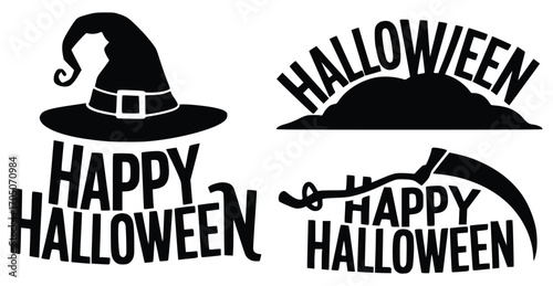Spooky Halloween Designs: An array of stylized, monochrome graphics capturing the essence of Halloween: a witch's hat, the word Halloween.