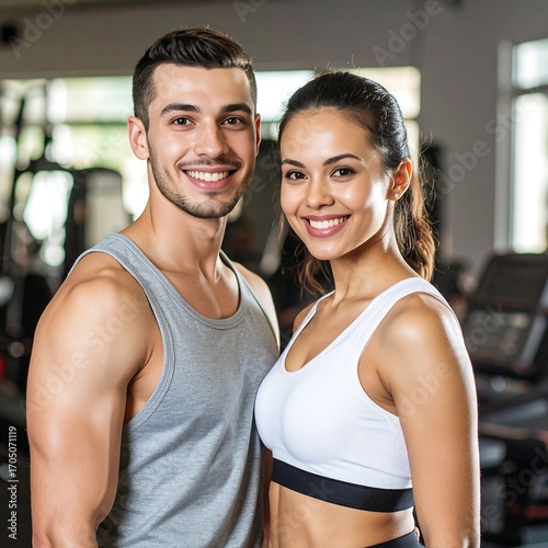 Fitness couple smiles in gym