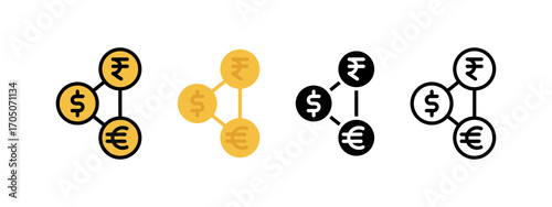 Currency vector icons in various styles, including dollar, euro, and rupee.