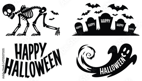 Halloween Silhouettes: Creepy skeleton, festive graveyard, happy Halloween message, and spooky ghost set a haunting mood perfect for invitations, decorations, or themed designs.