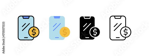 Set of phone icons with dollar signs, suitable for financial apps, mobile payment services, and online banking websites.