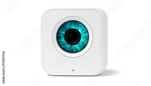 White Square Security Camera with Blue Eye Design.