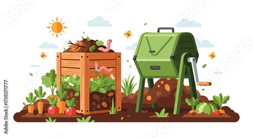 Wooden compost bin and green tumbler composter in a sunny vegetable garden illustration.