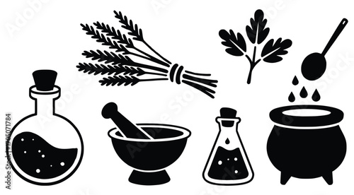 Herbal Alchemy: A stylized illustration of apothecary ingredients like herbs, and potions. evoking an antique aesthetic.