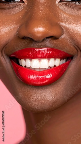 Close-up of a person's smiling mouth with bright red glossy lipstick