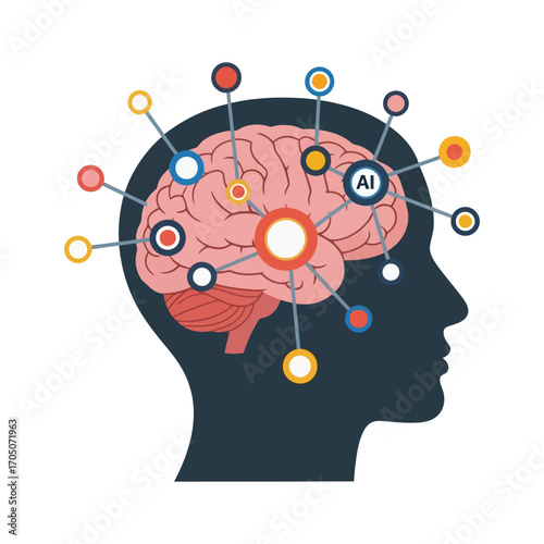Human head profile illustration, brain with connections and AI, showing neural network.