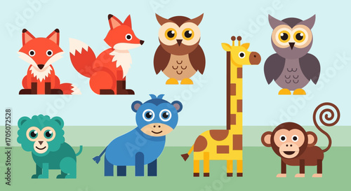 A colorful collection of cute, stylized cartoon wild animals in a simple flat design vector style.