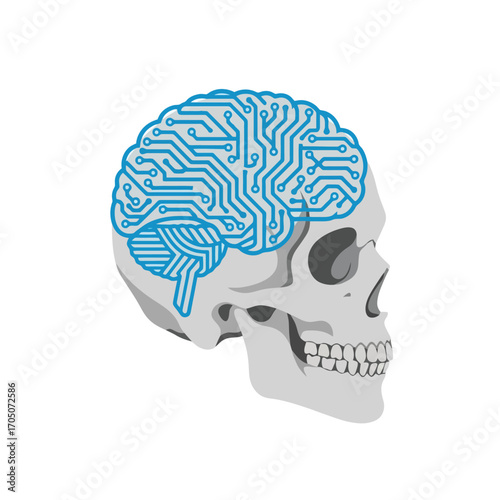 Human skull profile showcasing a circuit board design overlaid on the brain, symbolizing artificial intelligence or technological integration with the human mind.