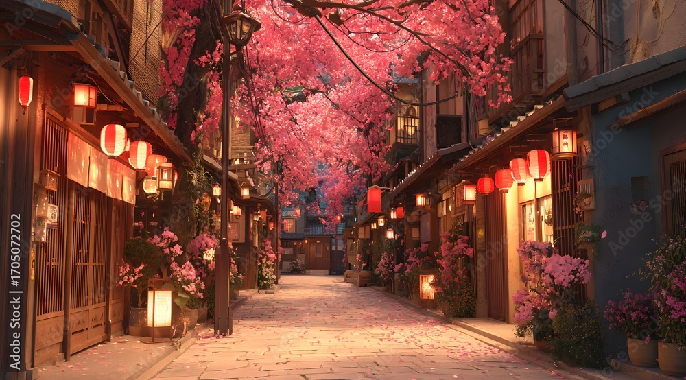 Fototapeta premium Anime street at night with cherry blossoms and warm lights