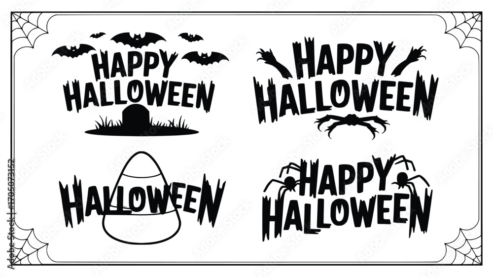 Fototapeta premium Spooky Halloween Design Set: A collection of four hauntingly fun Halloween designs, featuring bats, spiders, a tombstone, and candy corn.