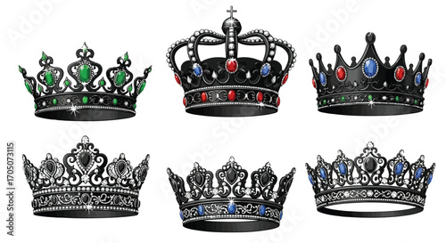 Vector illustration of set of ornate royal crowns with jewels