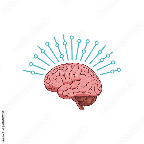 A pink brain with radiating blue lines, symbolizing thought and intelligence.