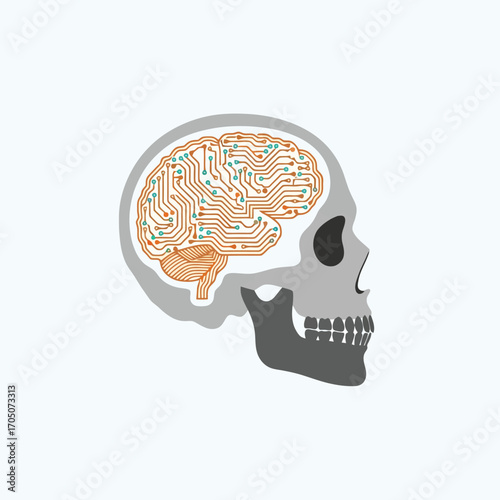 A stylized skull with a circuit board pattern representing the brain, suggesting artificial intelligence or the fusion of technology and human intellect.