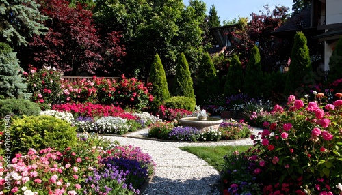 Lush garden with colorful flowers and pathway