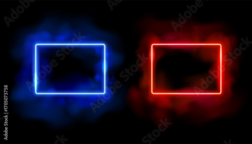 Realistic neon VS frames with smoke. Vector battle participants template, boxing or karate poster.