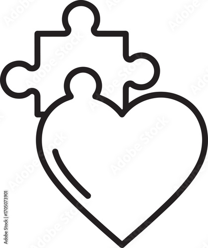 Heart and Puzzle Harmony: A minimalistic illustration of a heart and a puzzle piece, symbolizing unity, completion, and the perfect fit, rendered in clean, bold lines.