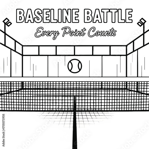 Tennis court graphic design with the title Baseline Battle, Every Point Counts.