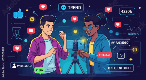 Dynamic illustration of young creators engaging with trending content and digital platforms, highlighting the essence of online influence and viral media