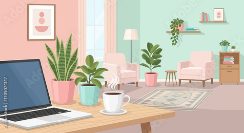 Modern and comfortable remote workplace setup in a stylish living room interior with pastel colors, armchairs, and green houseplants