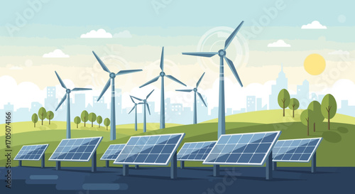 Sustainable cityscape with wind turbines and solar panels generating renewable green power for an eco-friendly future