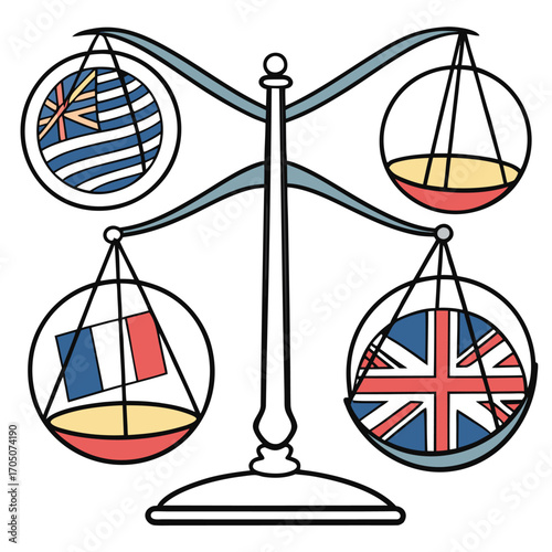 Symbol of Justice: Balancing the Weights of Global Ideals, a detailed illustration features a traditional scale, each pan holding a unique emblem symbolizing legal, political.