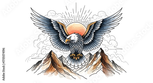 Illustrated bald eagle with spread wings against a sunrise and mountain range, a conceptual design representing power, liberty, and nature's spirit