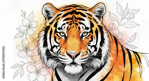Artistic watercolor illustration of a majestic tiger portrait with delicate floral sketch elements