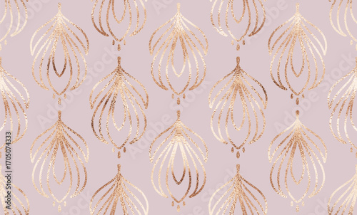 Art deco floral seamless pattern with gold decorative flower tiles.