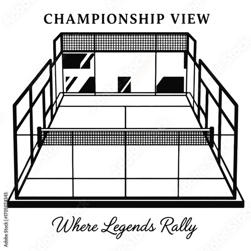 A black and white line drawing of a padel tennis court from a championship perspective, with the slogan 'Where Legends Rally'.