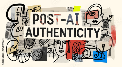 Hand-drawn abstract collage exploring the future of human authenticity and creative expression after the rise of AI