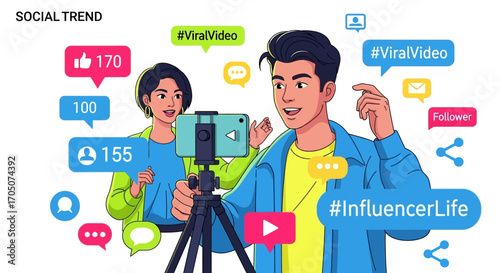 Young couple of influencers streaming live video for social media to get likes and followers