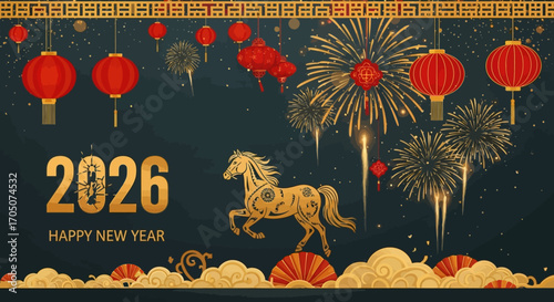 Golden horse zodiac sign celebrating the Lunar New Year 2026 with festive red lanterns and a vibrant fireworks display