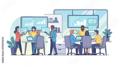 Diverse corporate team collaborating on data analysis in a modern office, using large digital screens for strategic planning and presentation