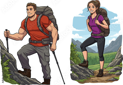 Hiking, trekking, mountain climbing, outdoor adventure, backpack travel, nature exploration, walking trail, active lifestyle, couple journey, scenic landscape, wilderness trip, healthy activity, 