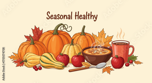 An autumn harvest illustration featuring pumpkins, apples, and a warm bowl of porridge for a healthy seasonal meal