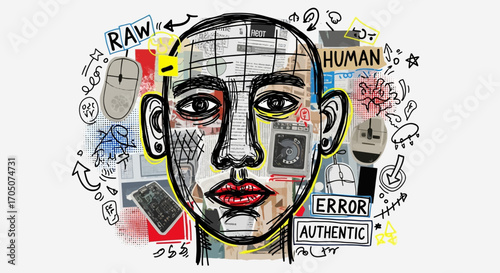 Conceptual illustration of a human face integrated with technological components, exploring themes of digital identity, authenticity, and artificial intelligence