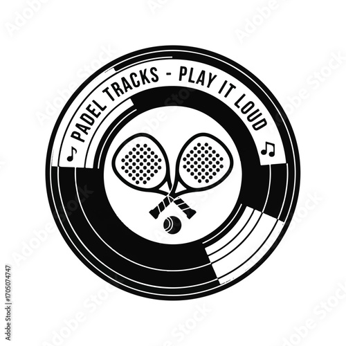 Circular logo featuring crossed padel rackets and a ball, with musical notes and the text "PADEL TRACKS - PLAY IT LOUD" on a vinyl record design.