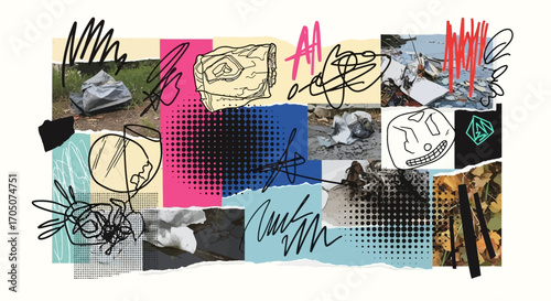 Modern punk rock zine aesthetic background with halftone dots, torn paper, and random urban photos