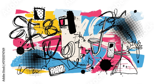 Creative hand-drawn collage with abstract shapes, lines, and textures in a contemporary street art style