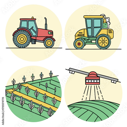 Farming and Agriculture Icons: A series of clean and modern icons, depicting essential farming equipment and agricultural processes in a vibrant and cohesive design.