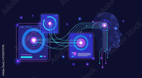 Concept of artificial intelligence and machine learning with a glowing human profile connected to a futuristic network of digital interfaces