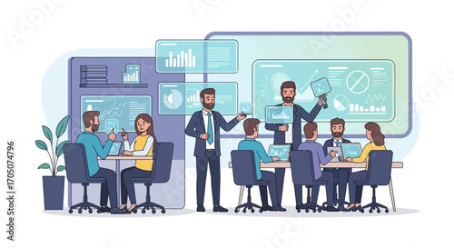 Team of professionals in a modern office analyzing data on interactive virtual screens during a business strategy meeting