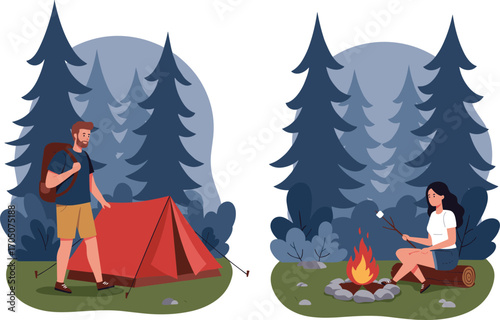 Camping scene with tent, campfire, and people roasting marshmallows in forest, outdoor adventure, summer holiday, hiking, travel, nature exploration, and wilderness lifestyle illustration