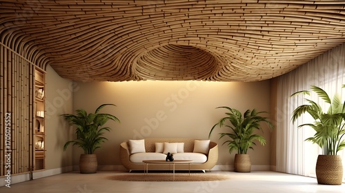 Fototapeta Naklejka Na Ścianę i Meble -  Serene interior space with an artistic bamboo ceiling and calming neutral tones and lush greenery